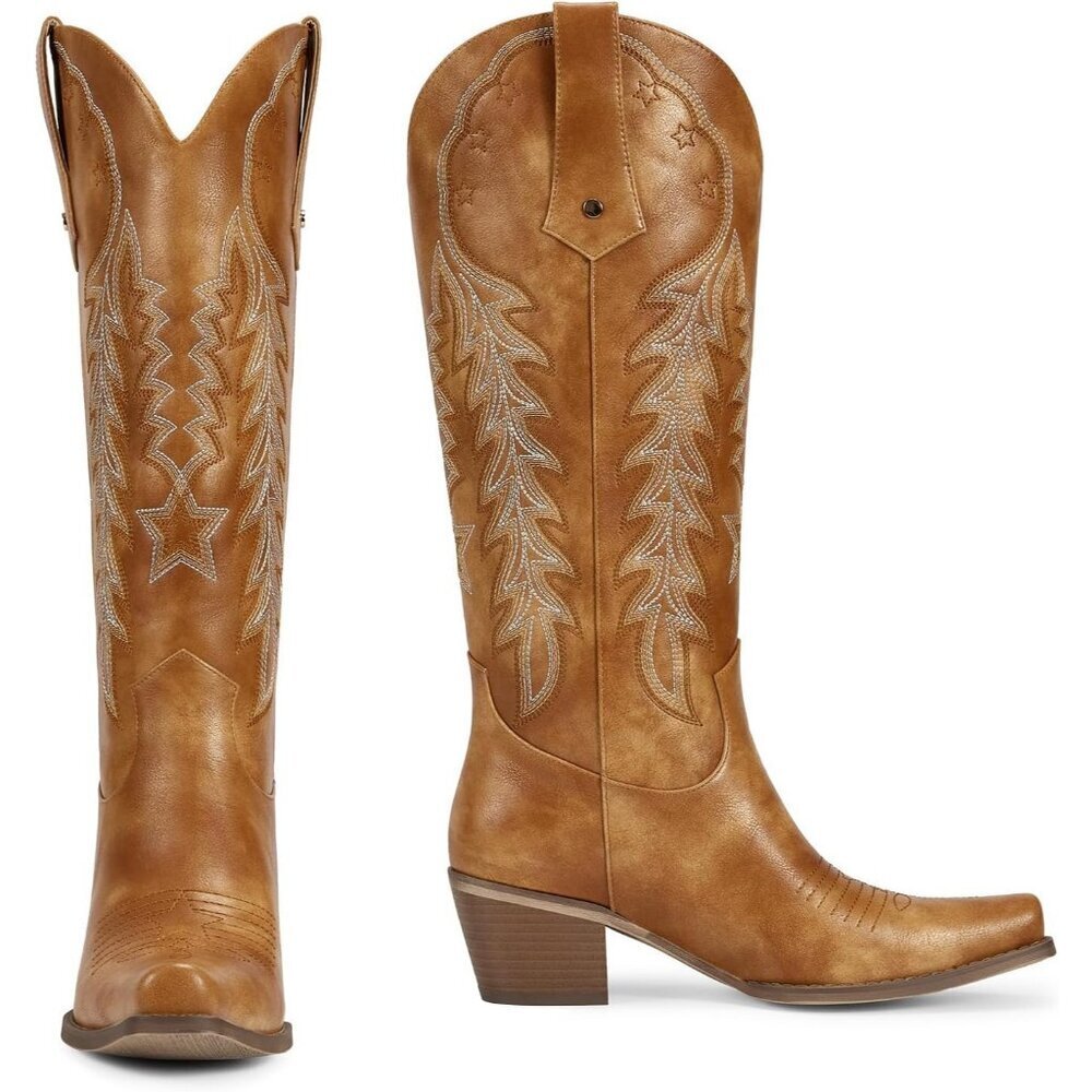 Women's Brown Knee High Cowgirl Boots Retro Embroidered Chunky Heels Pointed Toe - Picture 2 of 6